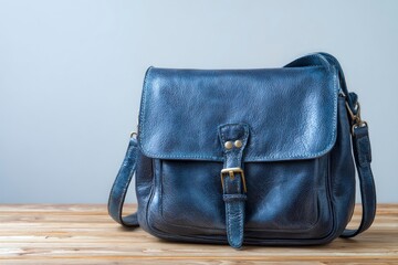 A blue leather satchel with a buckled flap sits on a wooden surface against a plain background