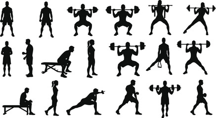 Silhouettes of men and women exercising, weightlifting, stretching, fitness training, strength workout, gym activity, healthy lifestyle, body fitness, muscle building