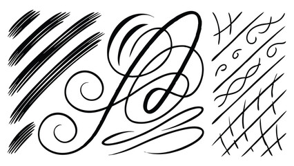 Collection of Black Calligraphic Flourishes and Brush Stroke Textures on White abstract calligraphy