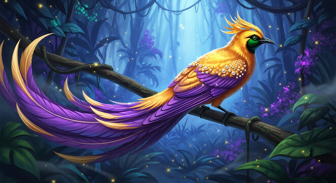 A vibrant, fantastical bird with golden and purple plumage perched on a branch in a lush, magical forest.