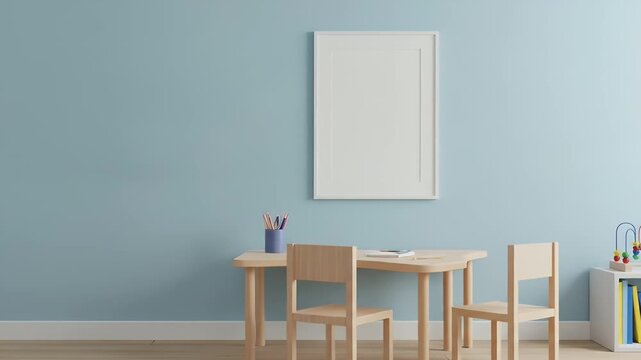 Smooth panning shot of a modern kids playroom with a blank frame mockup on a blue wall and wooden furniture for creative learning