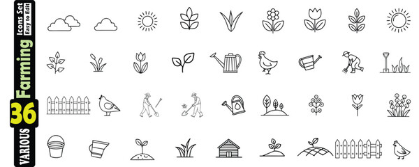 Farming Icons Set With Sun Clouds Plants Watering Cans Chickens Farmers And House agriculture