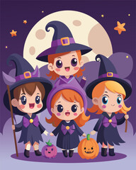 Cute Baby Witches in Halloween Costumes with Pumpkin Illustration