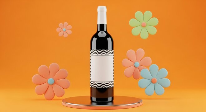 Modern wine bottle mockup with blank label and pastel flowers