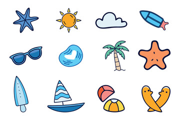 Simple Flat Design Summer Beach Icons Including Sunglasses Palm Tree And Sailboat vacation holiday