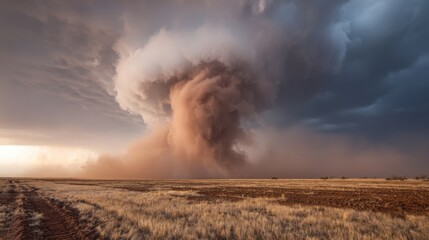 Fototapeta premium A large cloud of dust and smoke is rising from the ground. The sky is dark and cloudy, and the sun is setting. Scene is ominous and foreboding