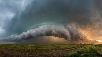 A large storm cloud is rolling in over a field. The sky is dark and ominous, and the clouds are thick and heavy. Scene is tense and foreboding, as if something terrible is about to happen