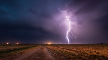 A lightning bolt is seen in the sky above a field. The sky is dark and stormy, and the lightning bolt is the only source of light in the scene. Scene is tense and dramatic