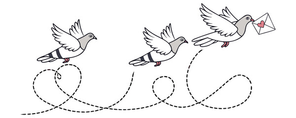 Three cartoon pigeons carrying a love letter with a dashed flight path dove bird