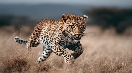 Leopard running in grassy field