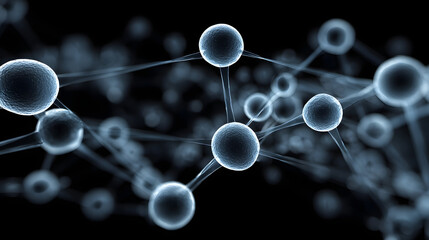 A dark, abstract background features a complex network of glowing blue spheres connected by thin, luminous lines, suggesting a scientific or technological concept.