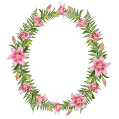 Pink lily and fern wreath isolated on transparent background