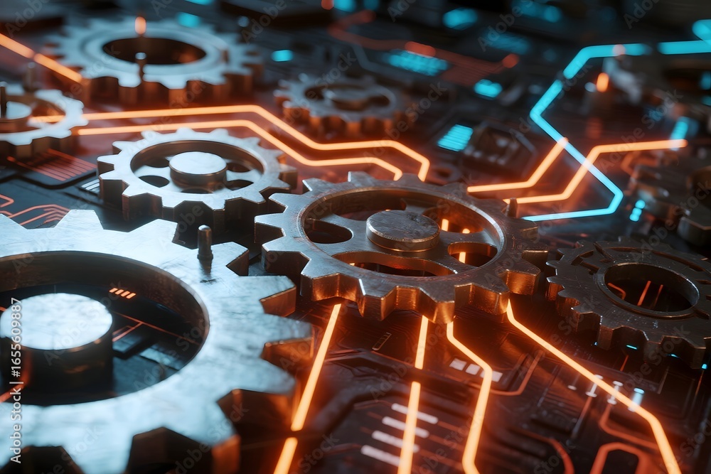 Poster explore mechanical gears and technology concept with interconnected circuit design render