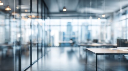 Fototapeta premium A large open office space with a view of the city. The room is filled with desks and chairs, and there are several potted plants scattered throughout the space. The atmosphere is professional