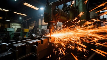 Industrial welding process with sparks flying in a factory setting