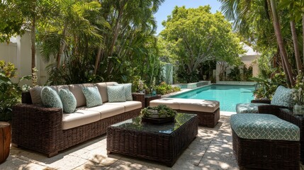 Fototapeta premium Luxurious poolside patio furniture in tropical garden.