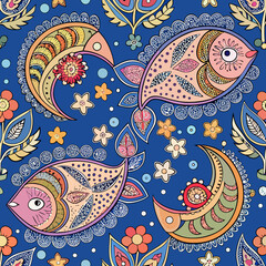 Naklejka premium Colorful paisley fish and flowers pattern isolated on white background