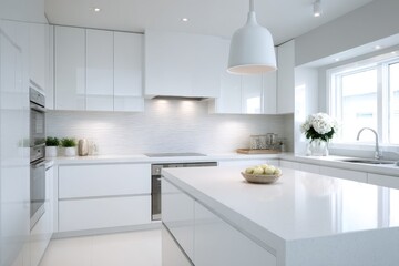 Fototapeta premium Modern white kitchen with island