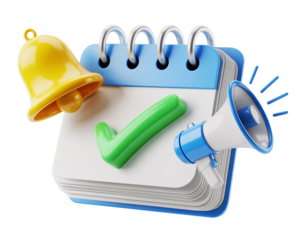 3d icon of calendar with a bell, checkmark, and megaphone, isolated on transparent background