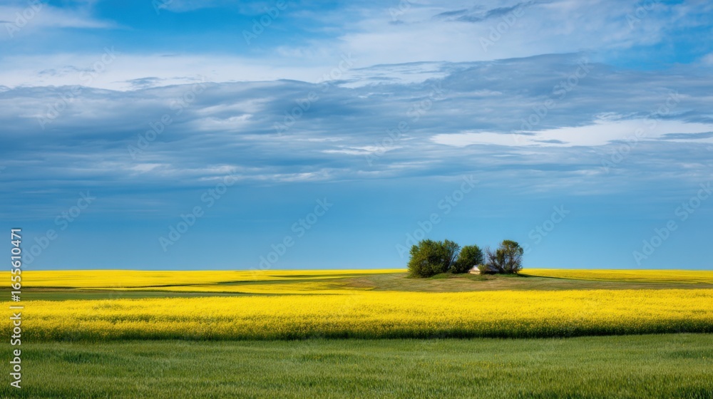Poster vibrant yellow fields stretch across the landscape, contrasting with lush green patches. a small clu