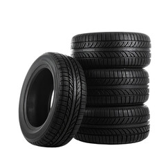 Rubber Tire Stack Isolated On White Background: A set of new tires is stacked up, highlighting the intricate tread patterns and robust structure.