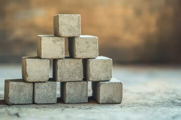 Obraz premium Minimalist Stone Cube Pyramid Stack on Surface with Blurred Background Texture for Conceptual Visualization
