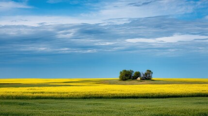Fototapeta premium Vibrant yellow fields stretch across the landscape, contrasting with lush green patches. A small cluster of trees stands alone against a clear blue sky, creating a tranquil setting.