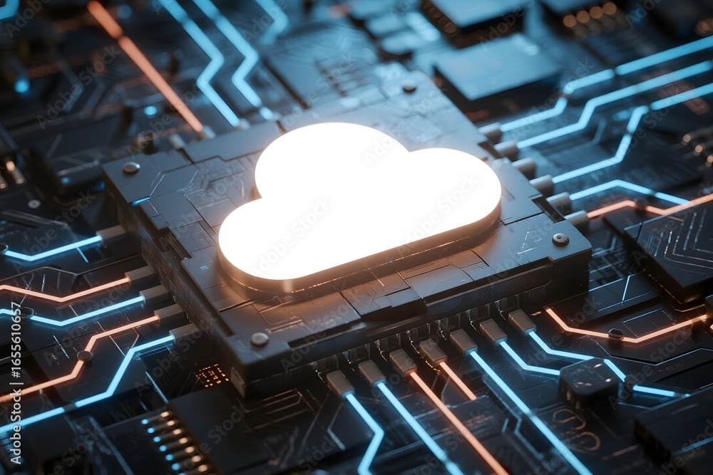Poster cloud computing technology concept with cloud icon on circuit board for data storage