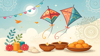 Colorful 4 K Makar Sankranti Illustration Featuring Two Kites Flying Against a Light Blue Sky Adorned with Mandala Patterns String Lights Candles and Sweet Treats