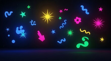 Vibrant Neon Abstract Shapes and Stars Glowing on Dark Background for Party and Celebration Design