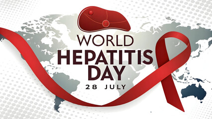 World Hepatitis Day Red Ribbon Awareness Campaign Graphic Design Featuring Liver Icon and World Map Background July 28