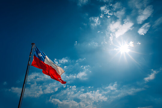 Chilean flag waving under sunny sky with clouds
