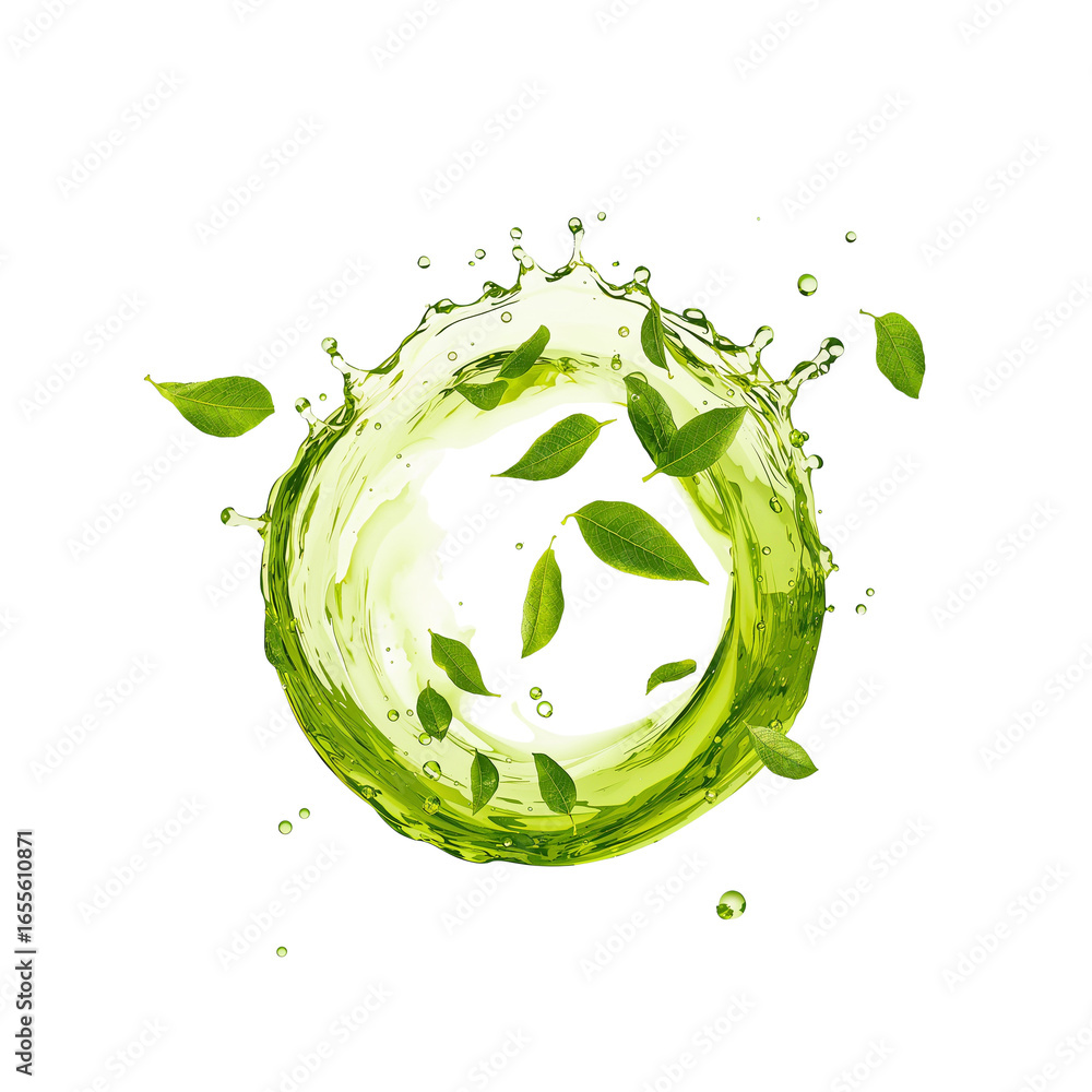 Poster refreshing vortex of green liquid with floating leaves against a plain backdrop of solitude