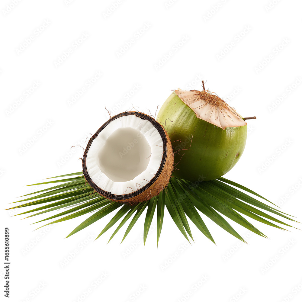 Poster tropical refreshment display featuring halved coconut and palm leaf on a plain setting