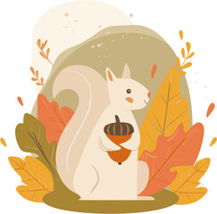 Squirrel Holding Acorn with Autumn Leaves Vector