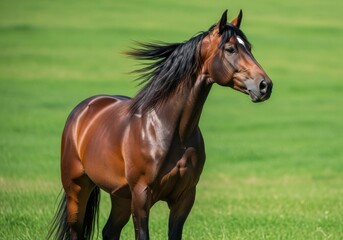 Obraz premium Brown Horse Running in Green Field with Mane Flowing in Natural Light