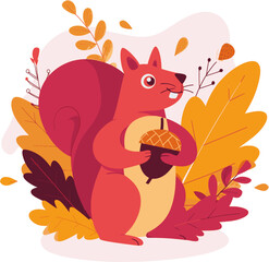 Squirrel Holding Acorn with Autumn Leaves Vector