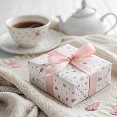 A beautifully wrapped gift box with a pink ribbon and bow, placed next to a cup of tea and a teapot on a soft, textured blanket, evoking a sense of warmth and comfort
