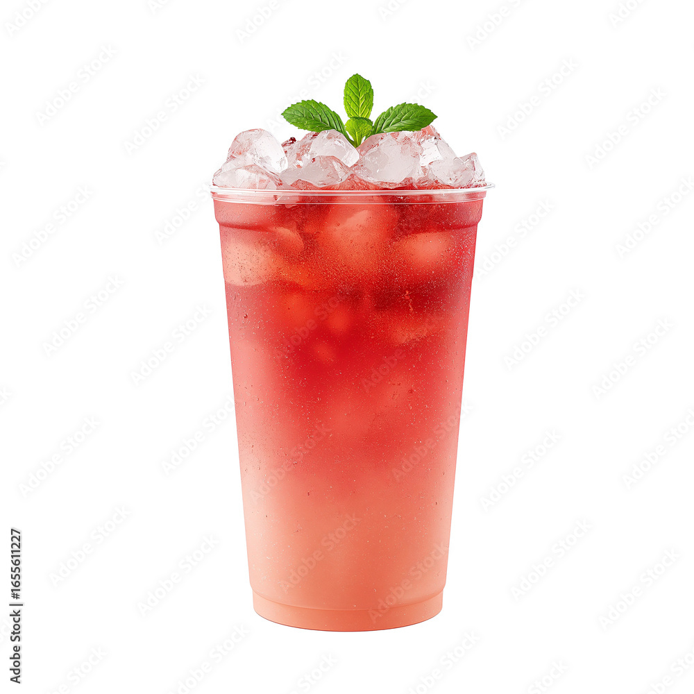 Poster refreshing beverage in transparent cup with ice cubes and mint against simple setting