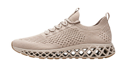 Beige Knitted Running Shoe with Unique Sole Design on White Background.