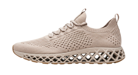 Beige Knitted Running Shoe with Unique Sole Design on White Background.