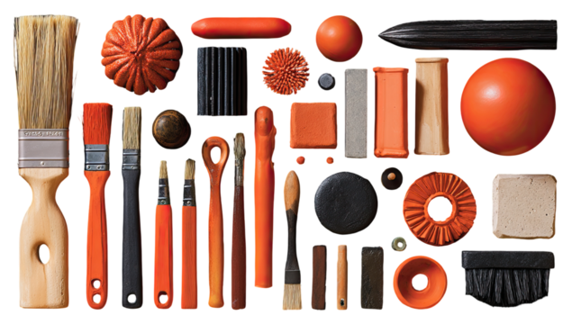 Assorted orange and black art tools arranged in a grid