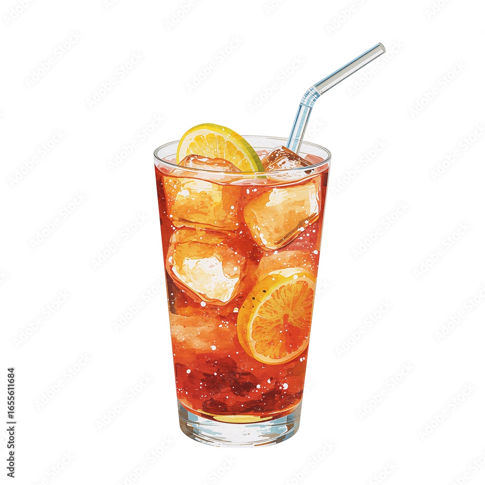 Poster refreshing summer beverage with citrus slices and ice cubes isolated on a clean backdrop