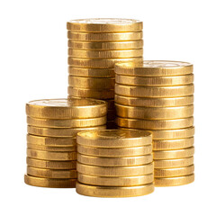 Gold Coin Stacks Isolated On White Background: Illustrates the concept of wealth, investment, and financial success. Stacked gold coins, gleaming under the light.