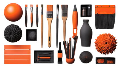 Orange and black tools and supplies arranged in a grid pattern.  Various brushes, balls, and containers