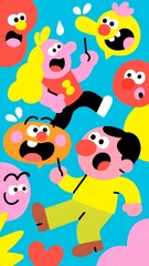 Naklejka premium Vibrant cartoon illustration featuring people with surprised expressions and speech bubbles, set against a blue backdrop, perfect for various design projects.