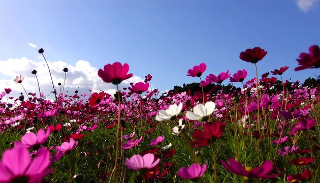 Vibrant cosmos field under a blue sky - Powered by Adobe