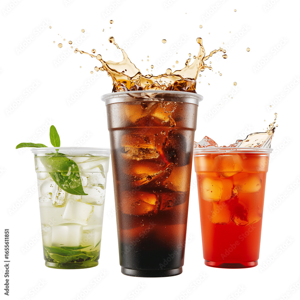 Poster invigorating assortment of cool beverages presented with dynamic splashes and refreshing ice cubes