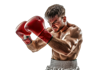Male boxer training in red gloves
