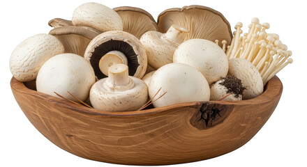 Assortment of fresh mushrooms in a wooden bowl isolated on transparent background